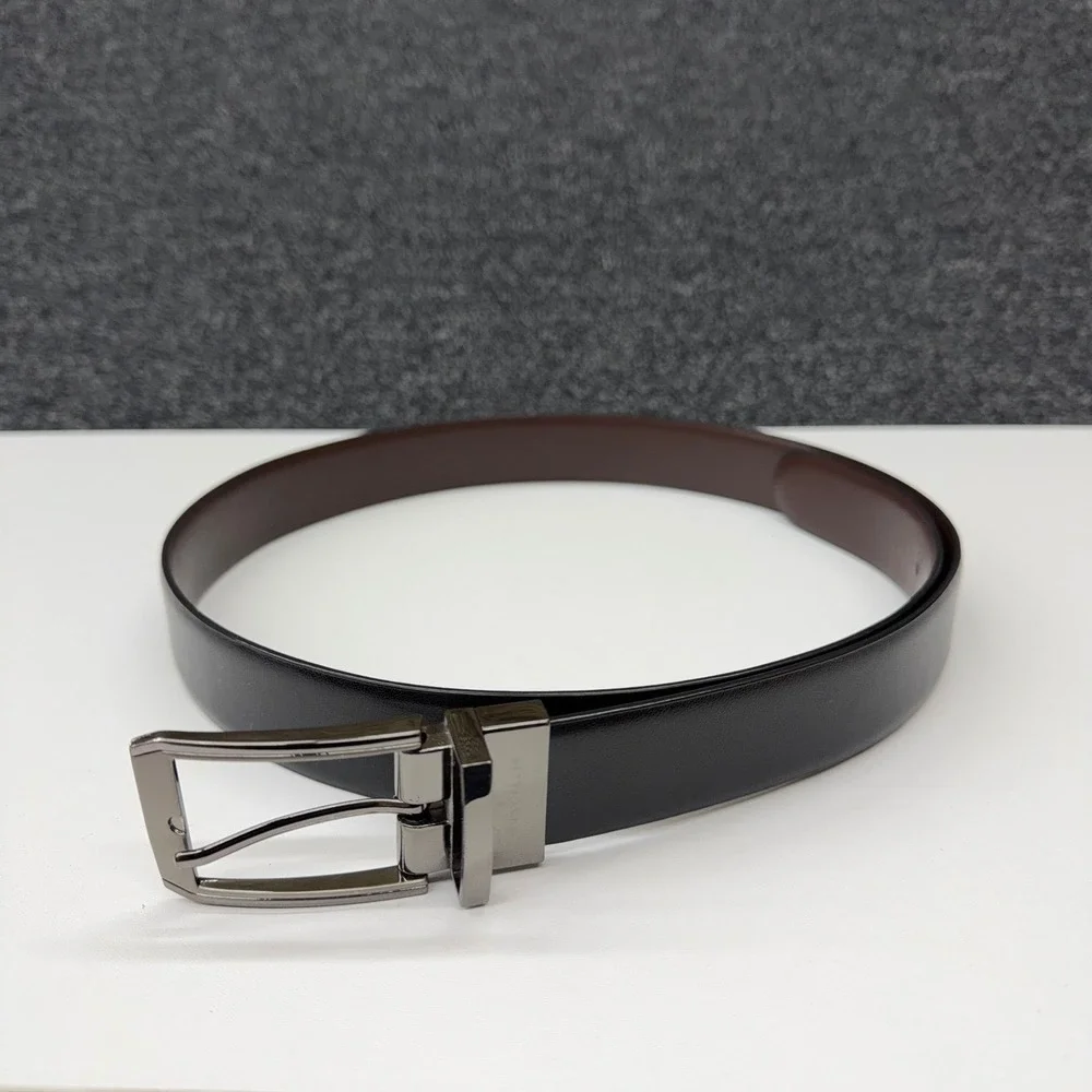 Perry Ellis Mens Genuine Leather Belt Size 34/85 Black Brown GunMetal Buckle